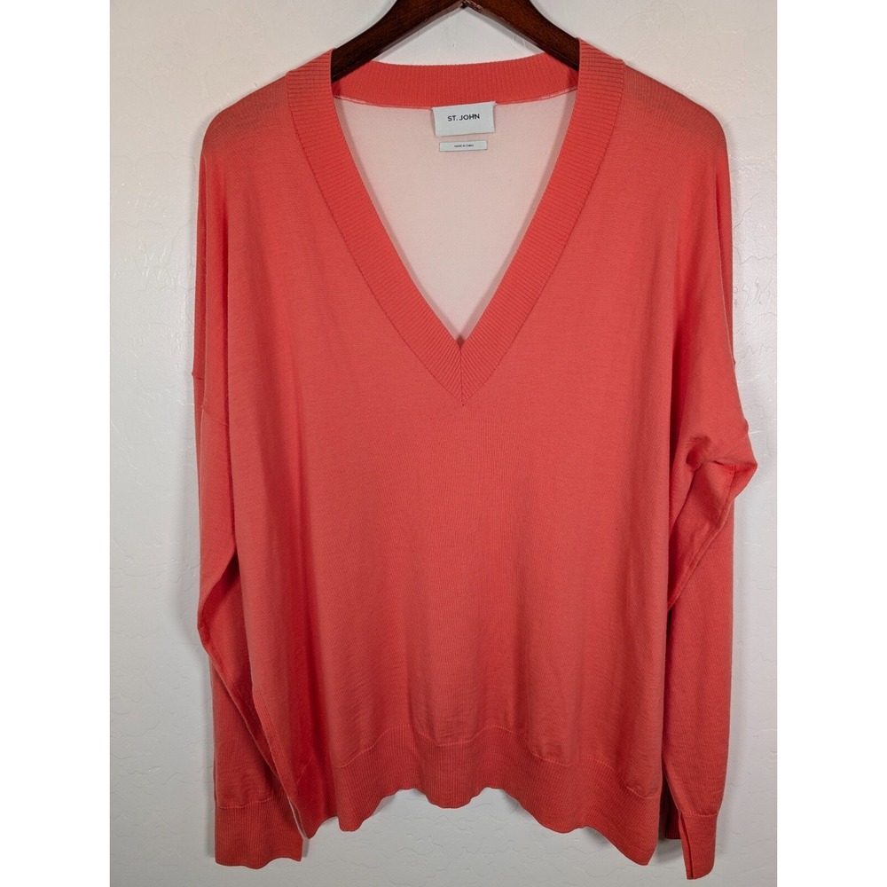 St John Sweater Womens Medium Orange Pink Long Sleeve V-Neck Wool Designer‎ Slit